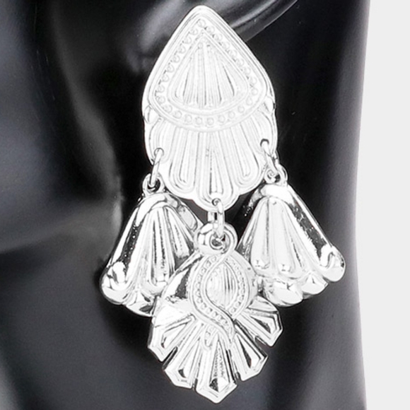 Silver Dangle Earrings 2.5" Abstract Metal Drop Statement Jewelry - Picture 2 of 2